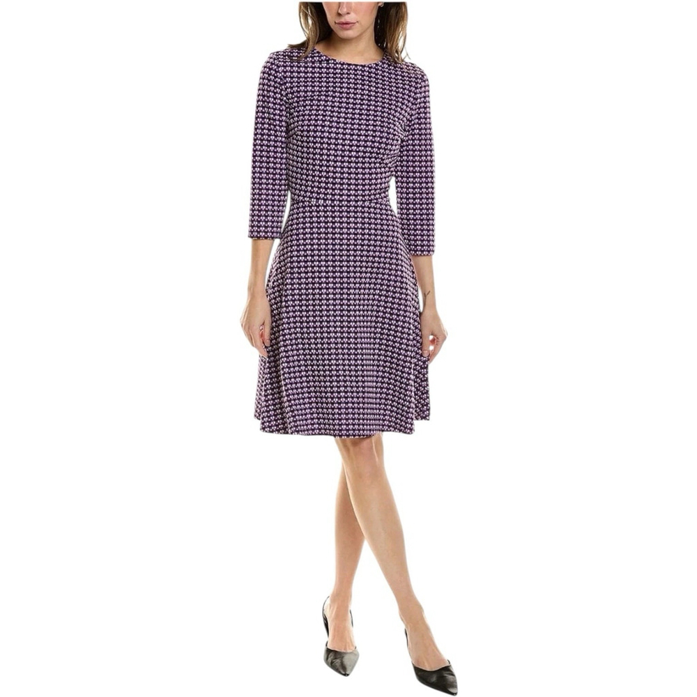 LEOTA Katherine 3/4 Sleeve Knee Length Fit & Flare Dress Purple Jacquard Size M